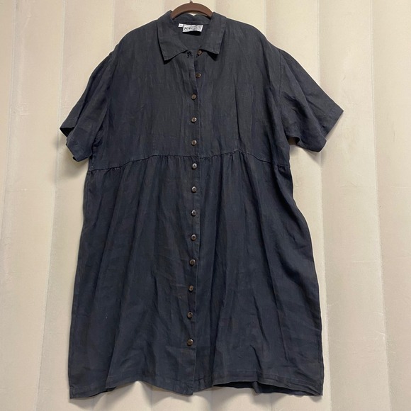 Kiko Women's Dress Size 2X 100% Linen Button Front Midi Black Lagenlook - Picture 1 of 10